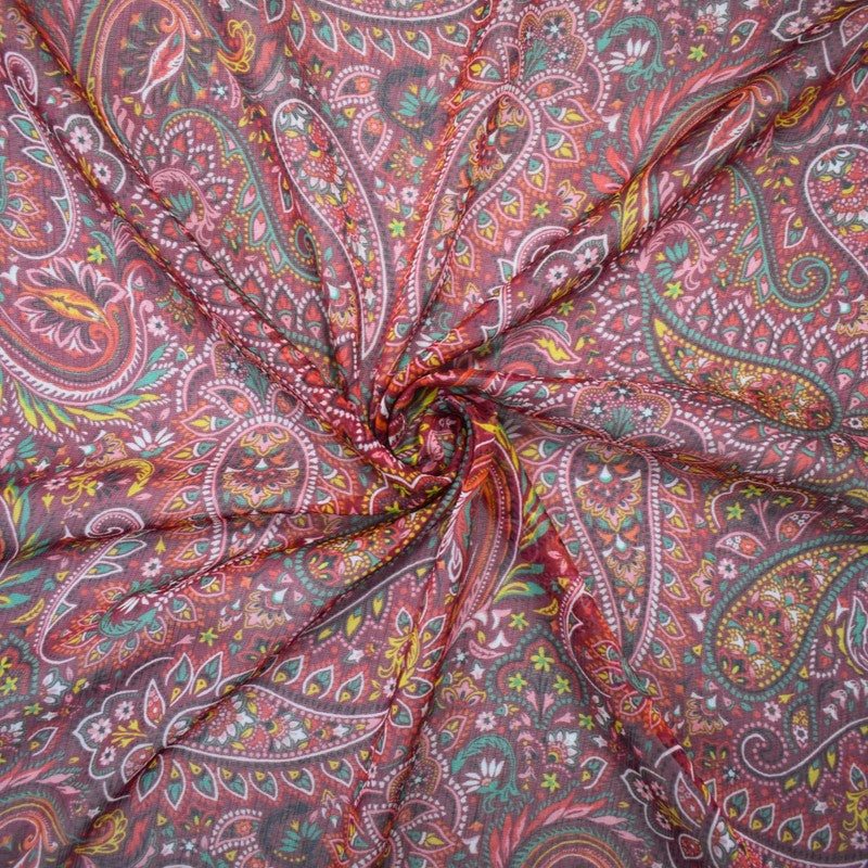 Red-Green-Multi Poly Paisley Printed Crinkle Yoryu Chiffon Woven Fabric