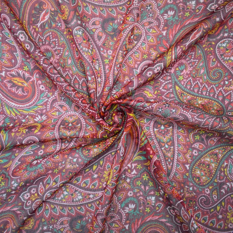 Red-Green-Multi Poly Paisley Printed Crinkle Yoryu Chiffon Woven Fabric