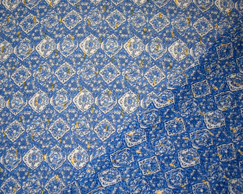 Blue-Multi Diamond Floral Printed Metallic Crinkle Yoryu Chiffon Woven Fabric
