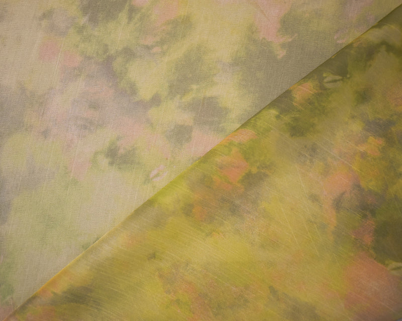 Green-Beige Poly Tie Dye Printed Crinkle Yoryu Chiffon Woven Fabric
