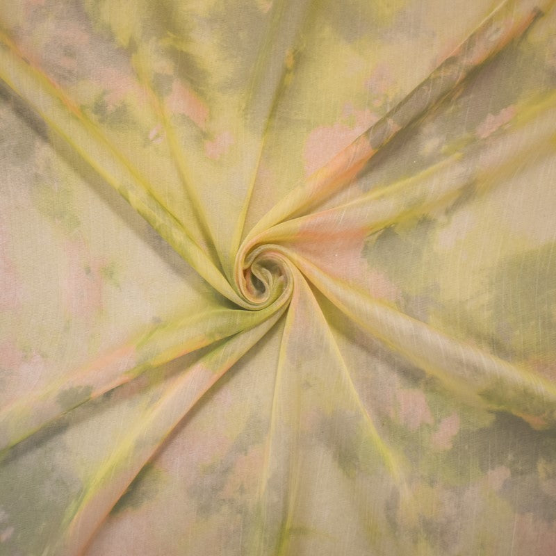 Green-Beige Poly Tie Dye Printed Crinkle Yoryu Chiffon Woven Fabric