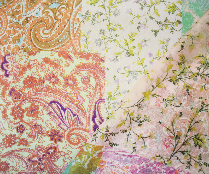Pink-BeigeMulti Poly Ink Paisley Floral Printed Crinkle Yoryu Chiffon Woven Fabric