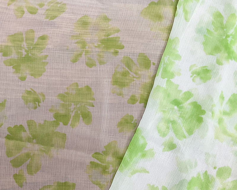 Green-Ivory Poly Floral Printed Crinkle Yoryu Chiffon Woven Fabric