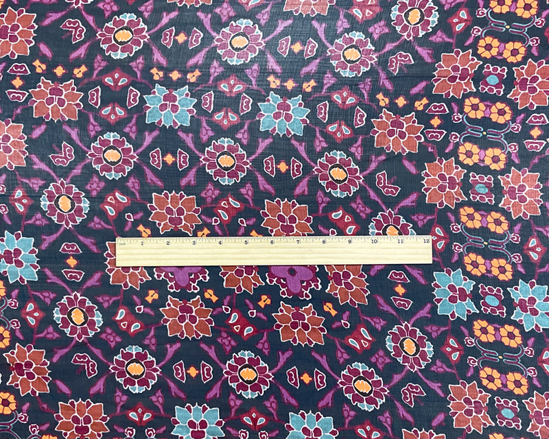 Blue-Red-Multi Poly Floral Printed Crinkle Yoryu Chiffon Woven Fabric