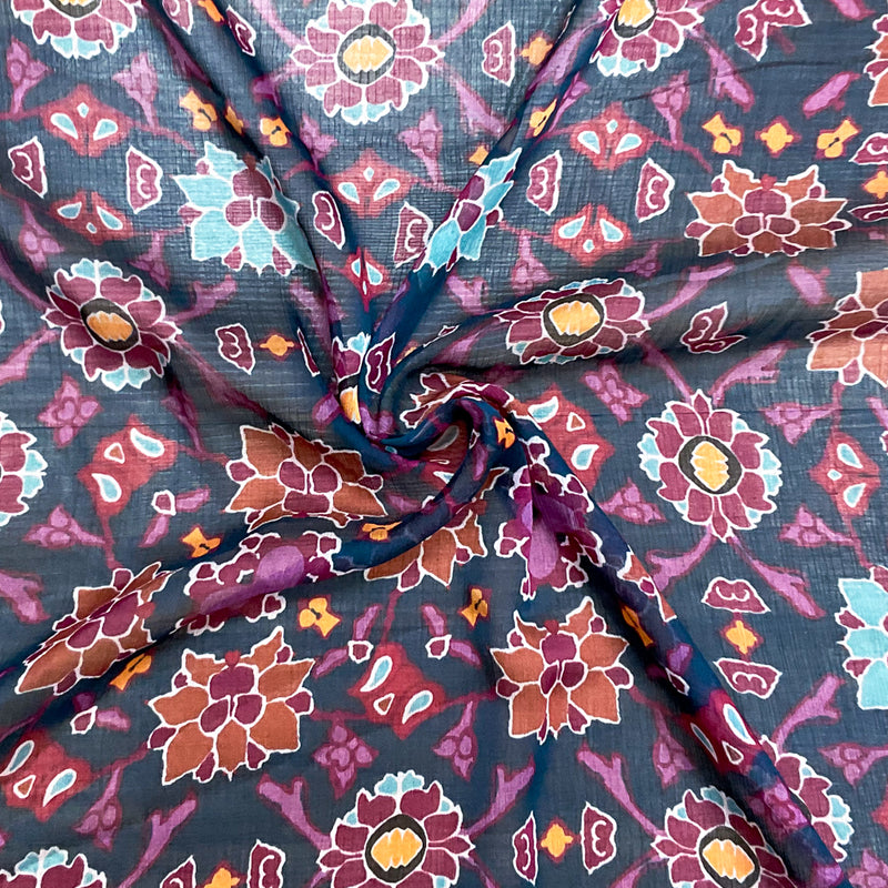 Blue-Red-Multi Poly Floral Printed Crinkle Yoryu Chiffon Woven Fabric