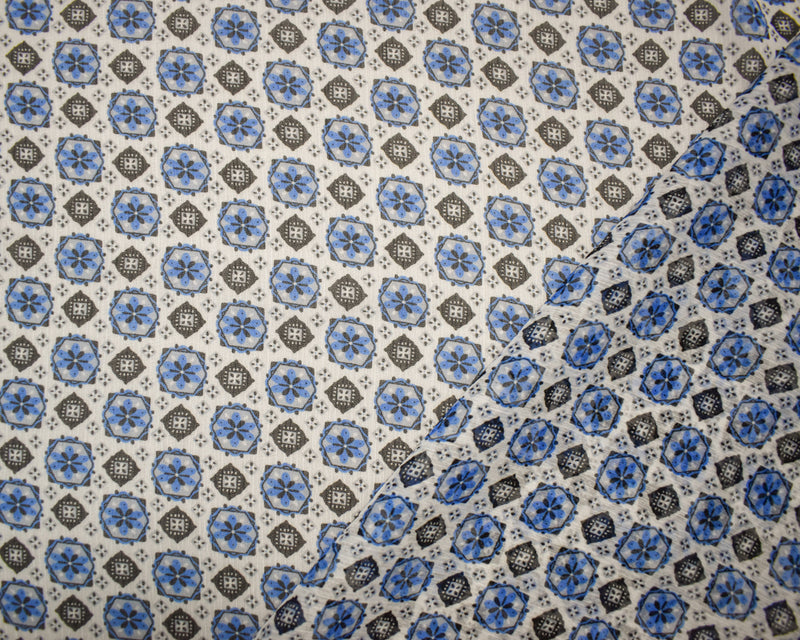 Blue-White-Multi Poly Kaleidoscope Printed Crinkle Yoryu Chiffon Woven Fabric