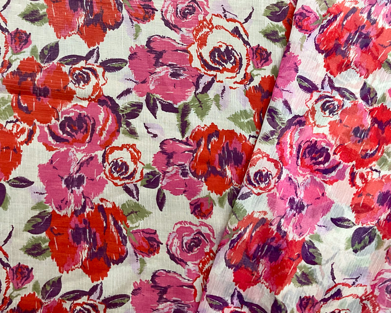 Red-Ivory-Multi Poly Floral Printed Crinkle Yoryu Chiffon Woven Fabric