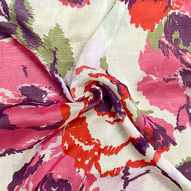 Red-Ivory-Multi Poly Floral Printed Crinkle Yoryu Chiffon Woven Fabric