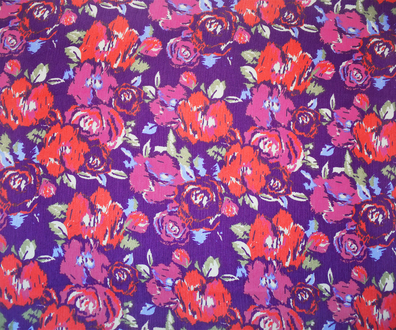Purple-Red-Multi Poly Ink Floral Printed Crinkle Yoryu Chiffon Woven Fabric