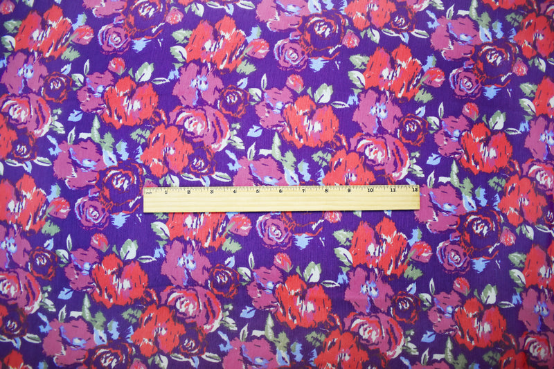 Purple-Red-Multi Poly Ink Floral Printed Crinkle Yoryu Chiffon Woven Fabric