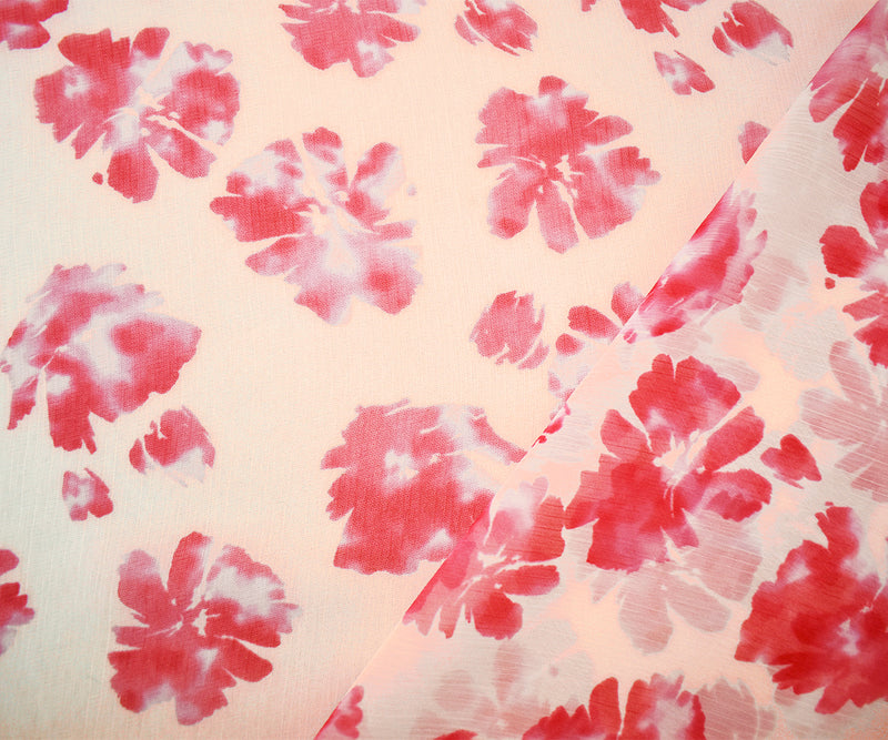 Red-Ivory Poly Floral Printed Crinkle Yoryu Chiffon Woven Fabric