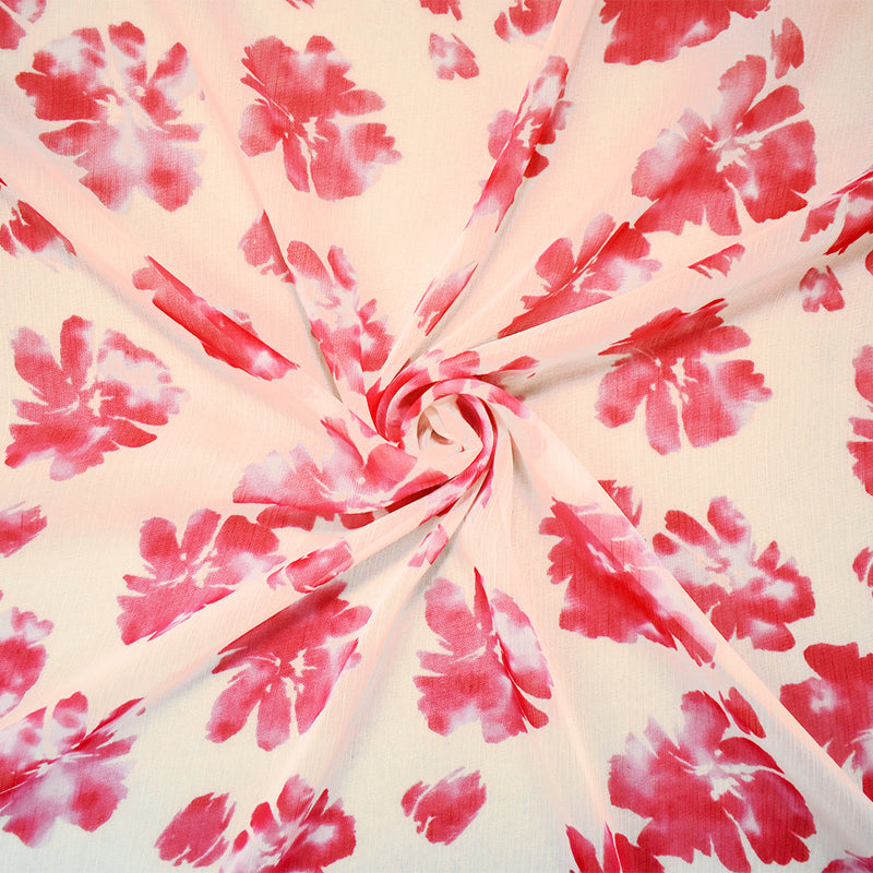 Red-Ivory Poly Floral Printed Crinkle Yoryu Chiffon Woven Fabric
