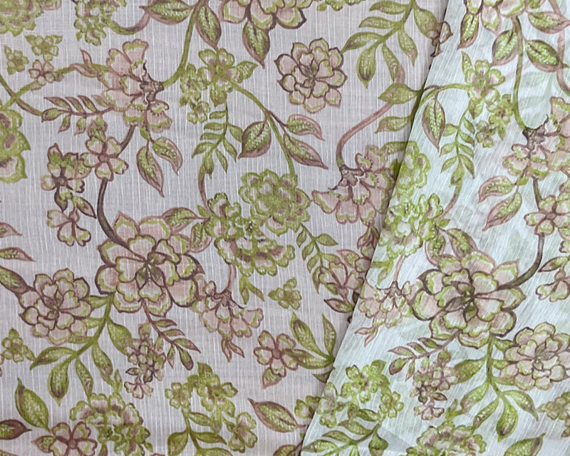 Green-White-Multi Poly Floral Printed Crinkle Yoryu Chiffon Woven Fabric