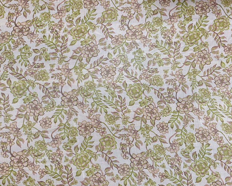 Green-White-Multi Poly Floral Printed Crinkle Yoryu Chiffon Woven Fabric