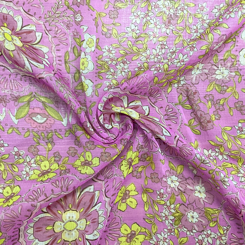Purple-Yellow-Multi Poly Floral Printed Crinkle Yoryu Chiffon Woven Fabric