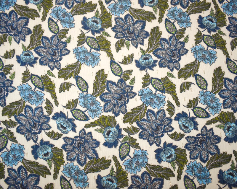 Blue-Gold-Multi Floral Printed Metallic Crinkle Yoryu Chiffon Woven Fabric