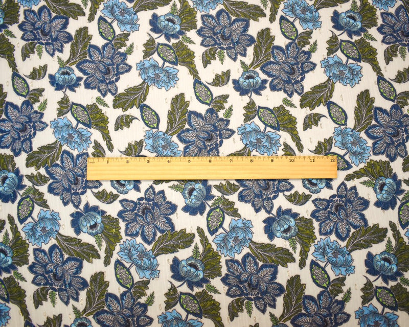 Blue-Gold-Multi Floral Printed Metallic Crinkle Yoryu Chiffon Woven Fabric