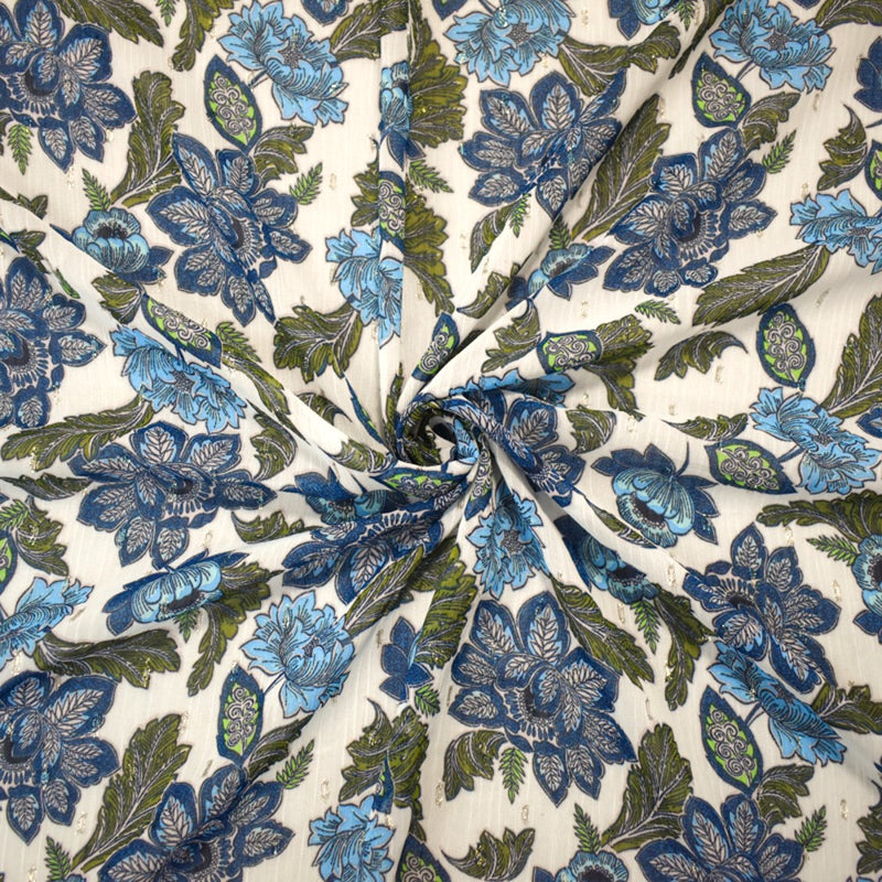 Blue-Gold-Multi Floral Printed Metallic Crinkle Yoryu Chiffon Woven Fabric