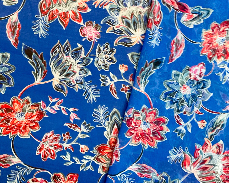 Blue-Red-Multi Poly Floral Printed Chiffon Woven Fabric