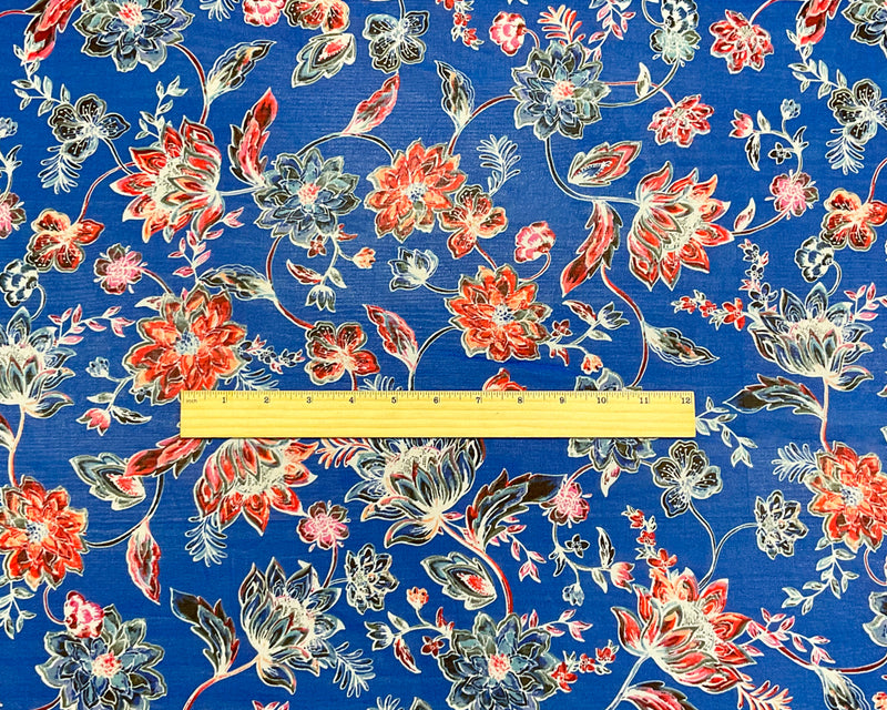Blue-Red-Multi Poly Floral Printed Chiffon Woven Fabric