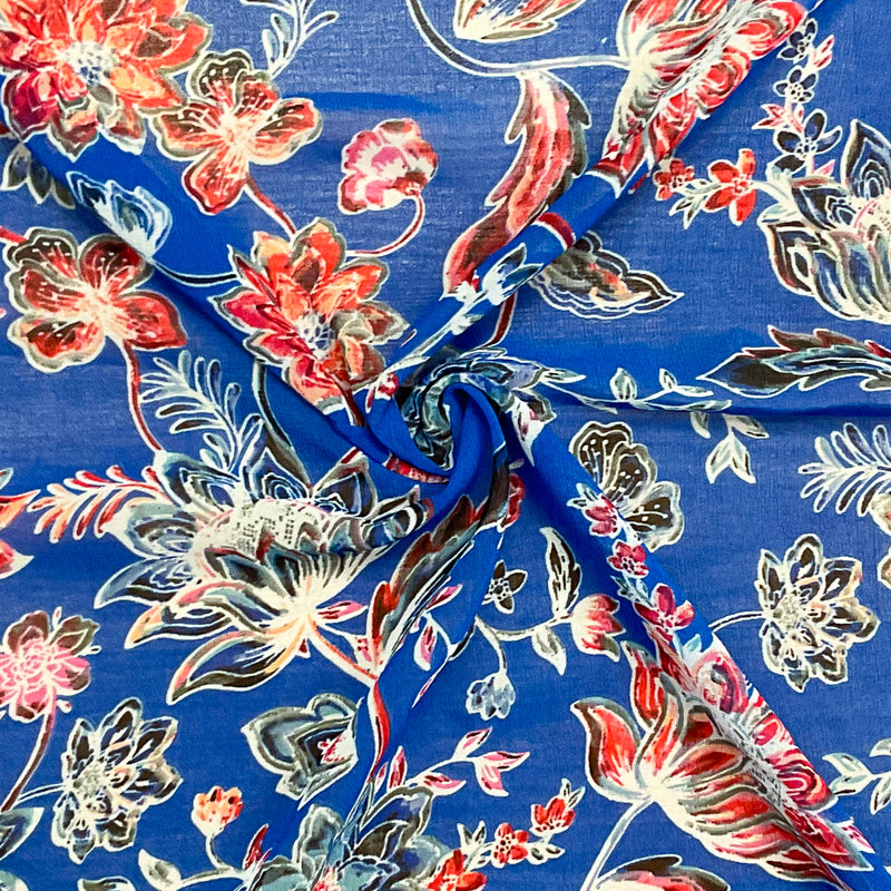 Blue-Red-Multi Poly Floral Printed Chiffon Woven Fabric