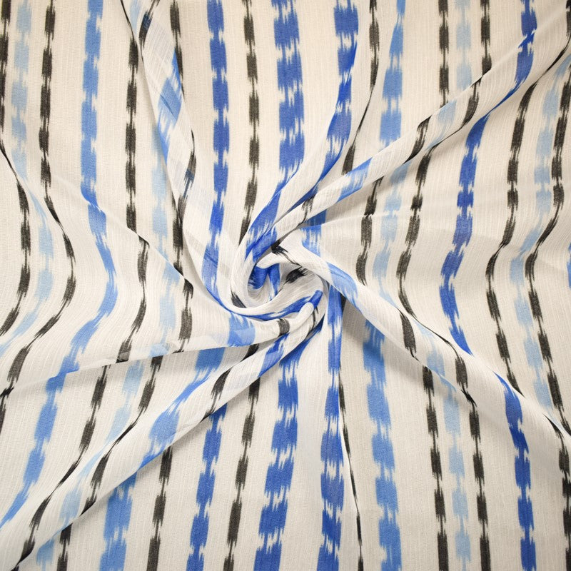 Blue-White-Black Stripe  Printed Crinkle Yoryu Chiffon Woven Fabric