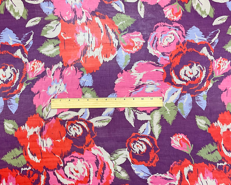 Purple-Pink-Multi Poly Floral Printed Crinkle Yoryu Chiffon Woven Fabric