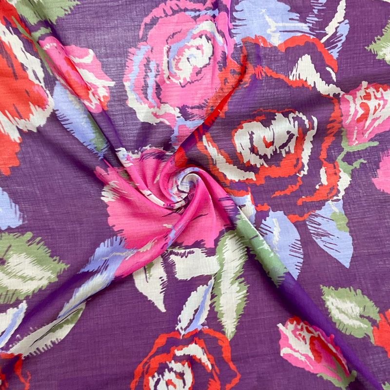 Purple-Pink-Multi Poly Floral Printed Crinkle Yoryu Chiffon Woven Fabric
