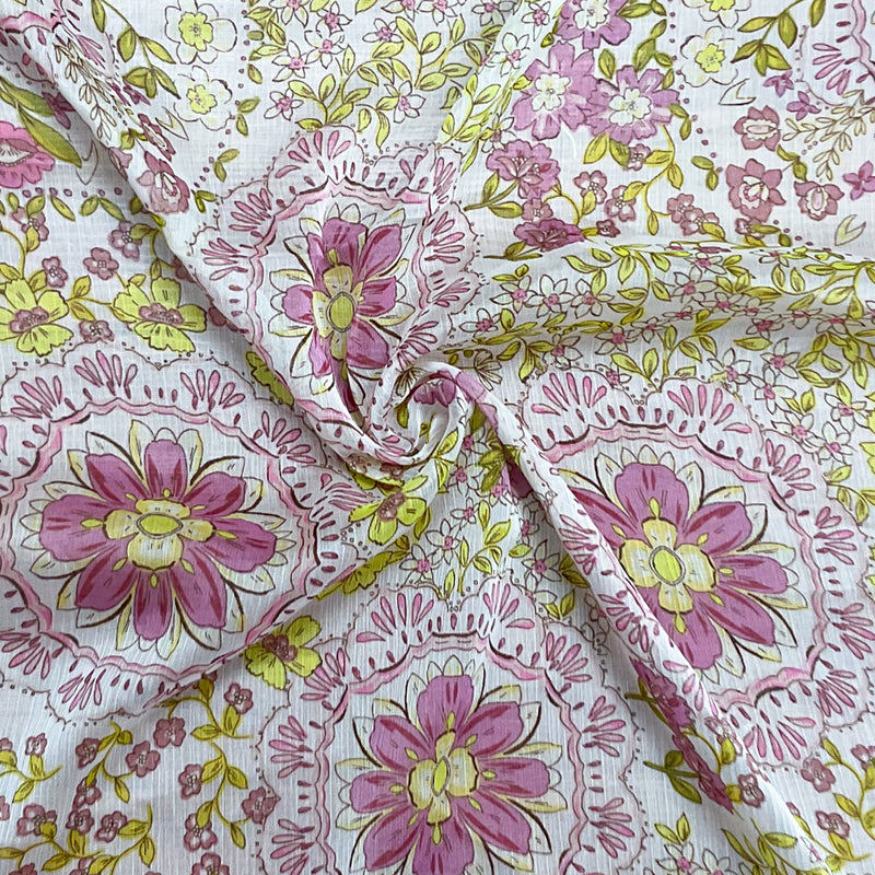 Ivory-Green-Multi Poly Floral Printed Crinkle Yoryu Chiffon Woven Fabric