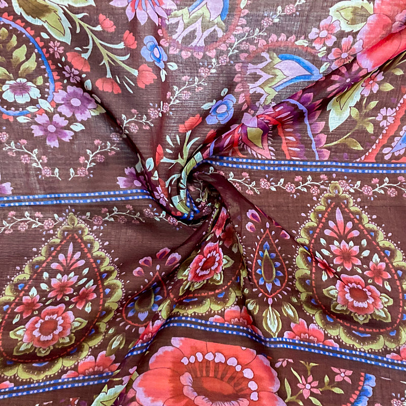 Brown-Red-Multi Poly Floral Printed Crinkle Yoryu Chiffon Woven Fabric