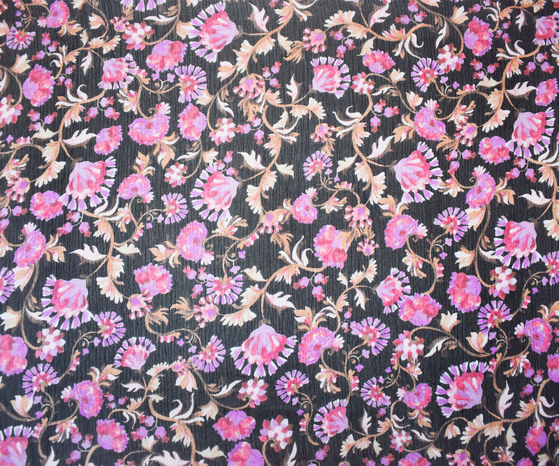 Black-Pink-Multi Poly Floral Printed Crinkle Yoryu Chiffon Woven Fabric