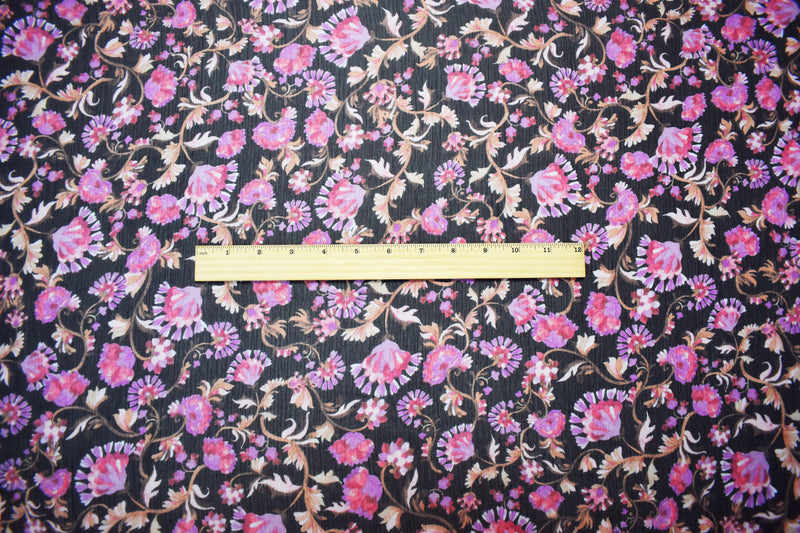 Black-Pink-Multi Poly Floral Printed Crinkle Yoryu Chiffon Woven Fabric
