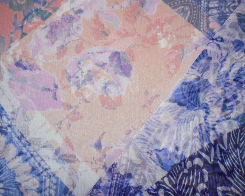 Pink-Blue-Multi Poly Ink Floral Printed Crinkle Yoryu Chiffon Woven Fabric