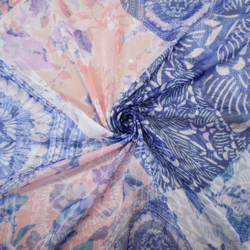 Pink-Blue-Multi Poly Ink Floral Printed Crinkle Yoryu Chiffon Woven Fabric