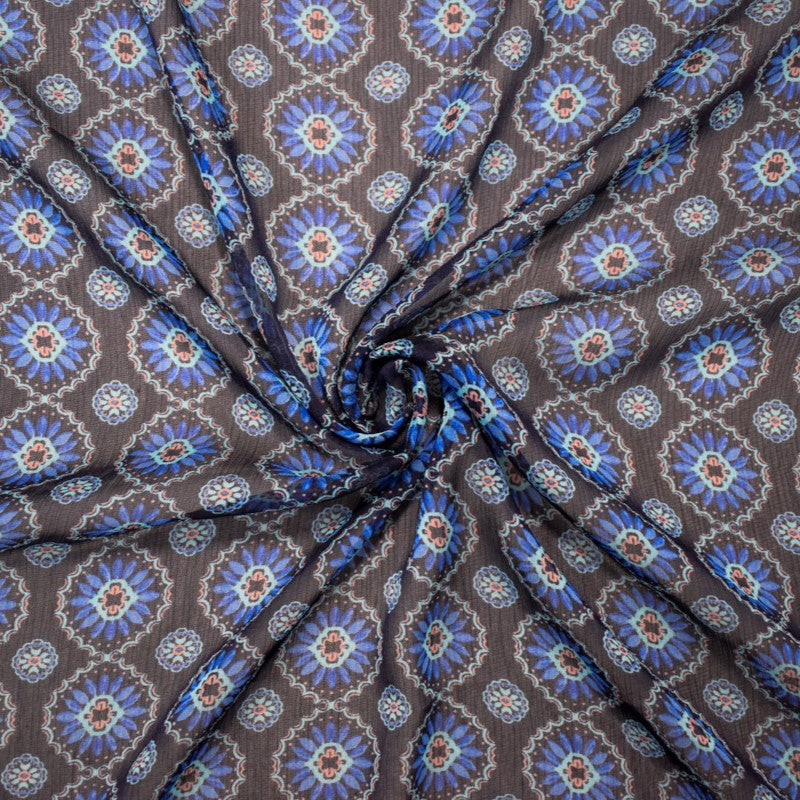 Blue-Pink Poly Abstract Floral Printed Crinkle Yoryu Chiffon Woven Fabric