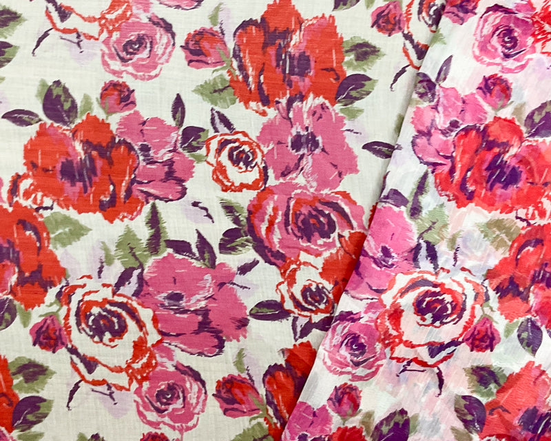 Red-Ivory-Multi Poly Floral Printed Crinkle Yoryu Chiffon Woven Fabric