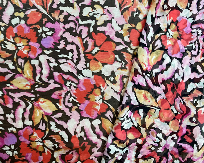 Pink-Black-Multi Poly Floral Printed Crinkle Yoryu Chiffon Woven Fabric