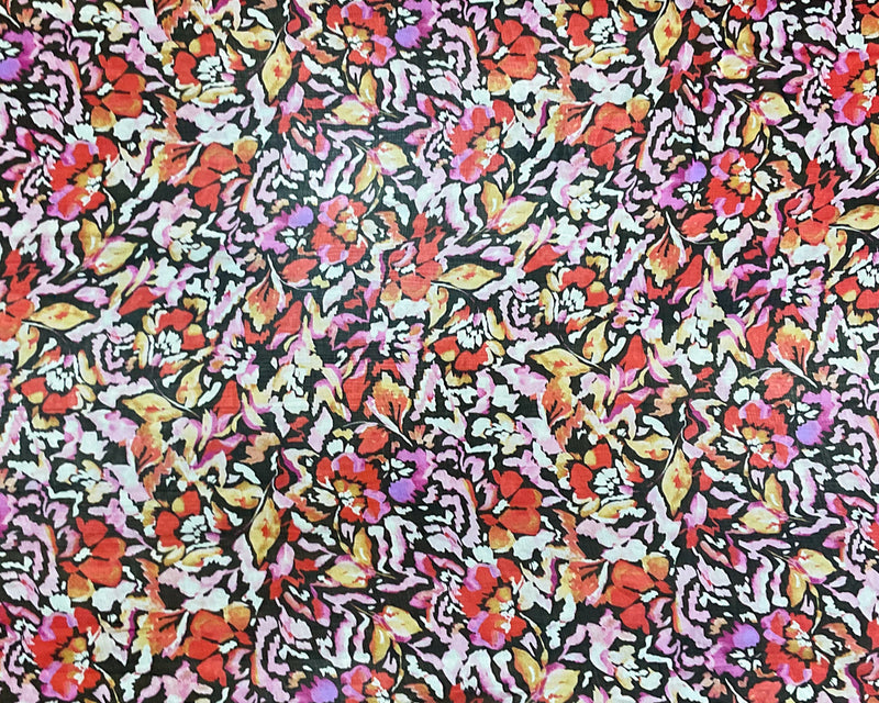 Pink-Black-Multi Poly Floral Printed Crinkle Yoryu Chiffon Woven Fabric
