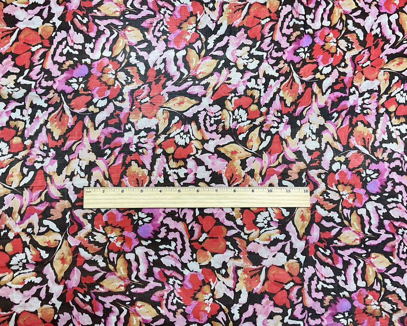 Pink-Black-Multi Poly Floral Printed Crinkle Yoryu Chiffon Woven Fabric
