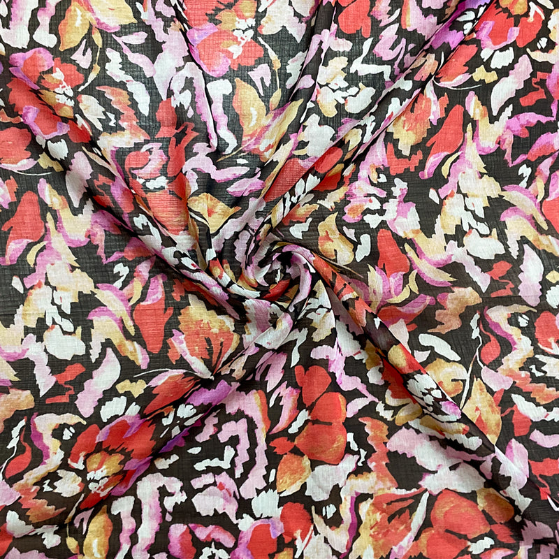 Pink-Black-Multi Poly Floral Printed Crinkle Yoryu Chiffon Woven Fabric