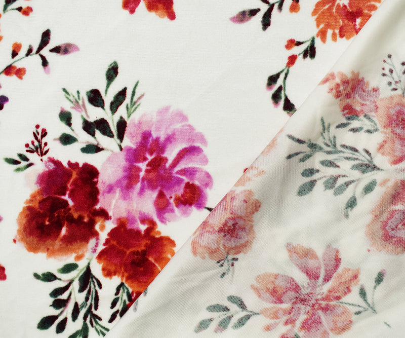 White-Red-Multi Poly Stretch Floral Printed Velvet Knit Fabric