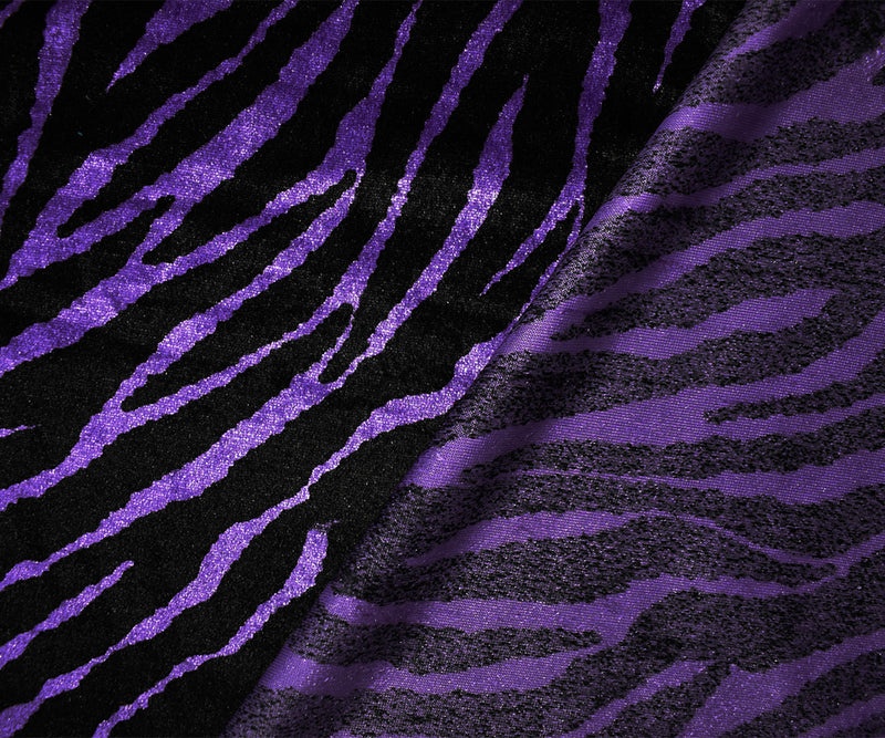 2 1/2 YD PC-Purple-Black Poly Stretch Spandex Zebra Printed Velvet Knit Fabric