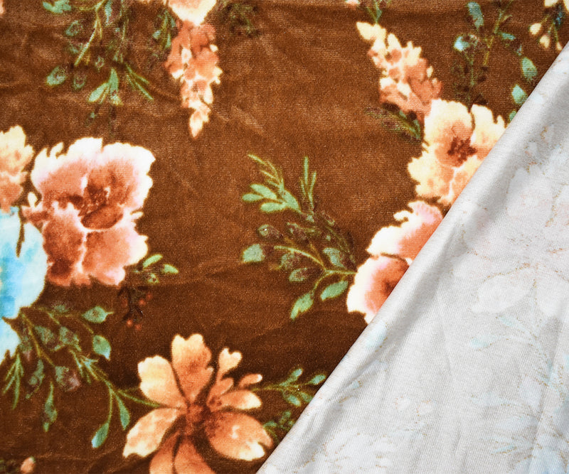 Brown-Multi Poly Stretch Spandex Floral Print Velvet Knit Fabric
