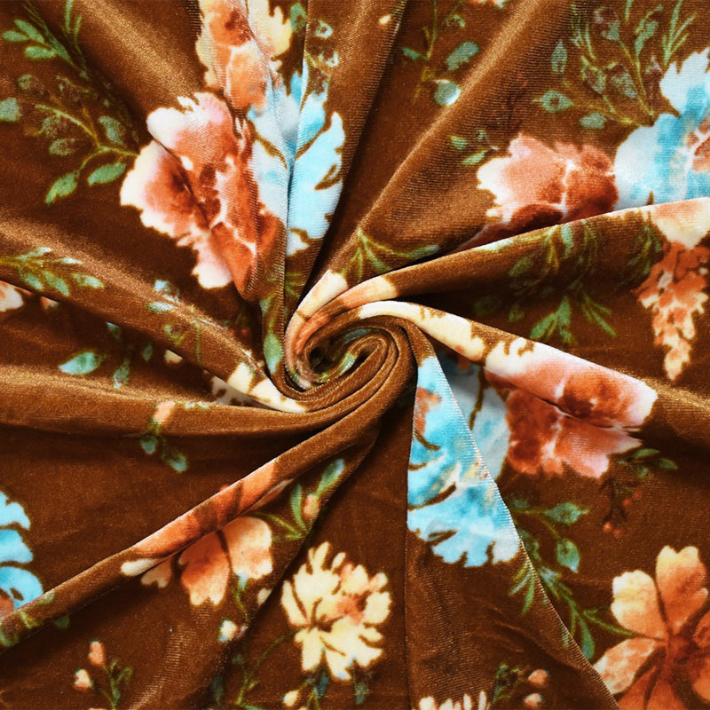 Brown-Multi Poly Stretch Spandex Floral Print Velvet Knit Fabric