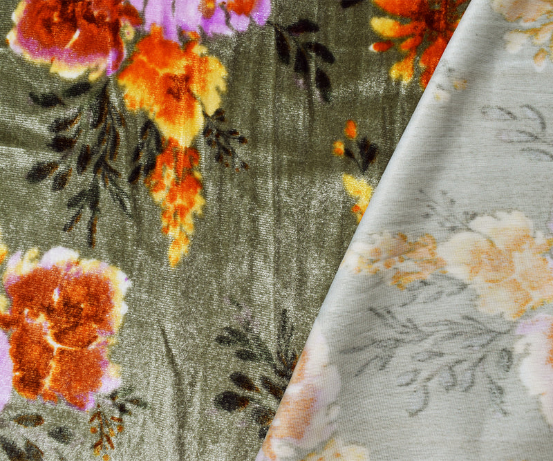 Green-Orange-Multi Poly Stretch Spandex Floral Printed Velvet Knit Fabric