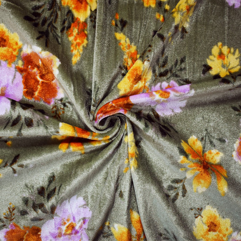Green-Orange-Multi Poly Stretch Spandex Floral Printed Velvet Knit Fabric