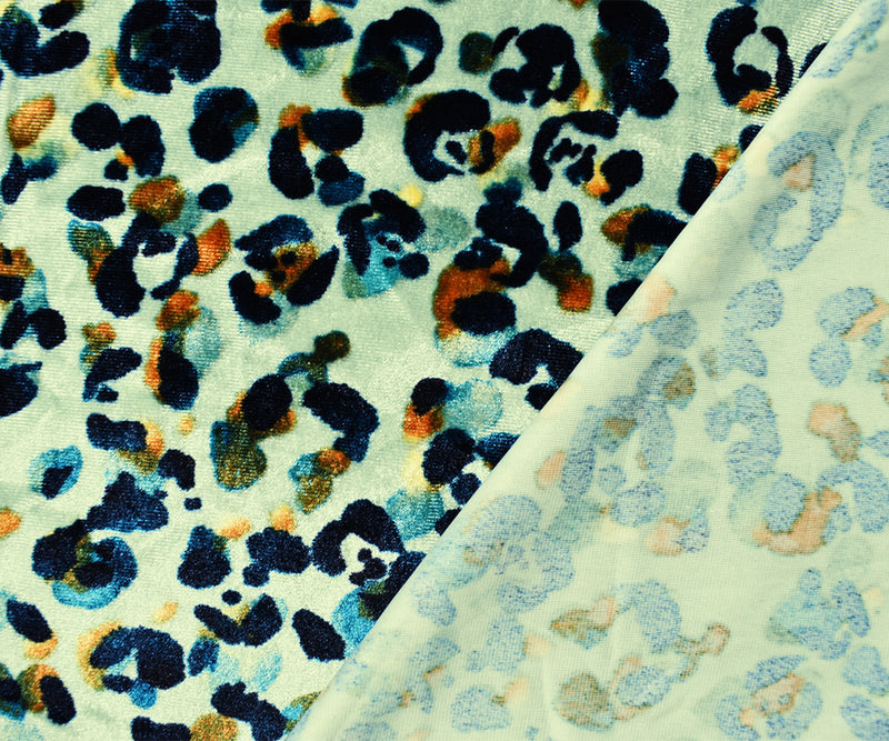 Green-Multi Poly Abstract Leopard Printed Velvet Knit Fabric