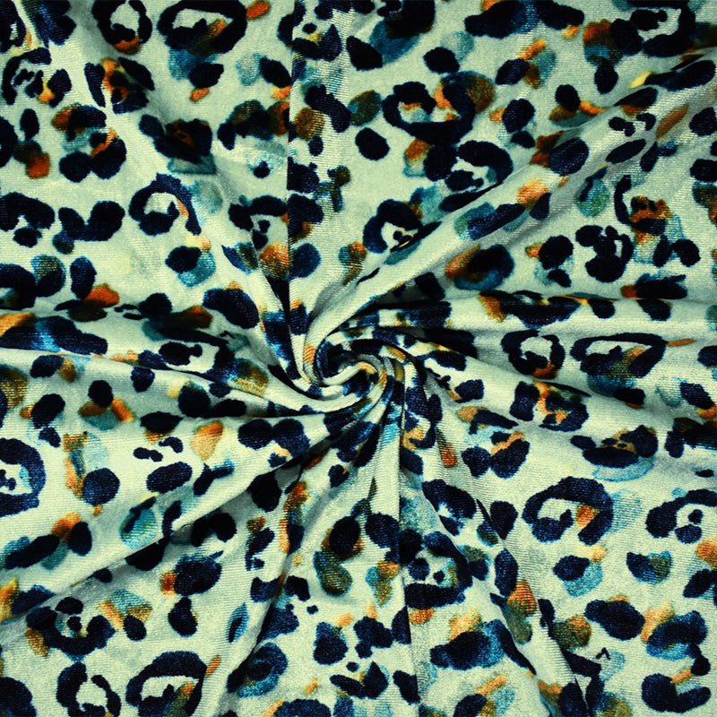 Green-Multi Poly Abstract Leopard Printed Velvet Knit Fabric