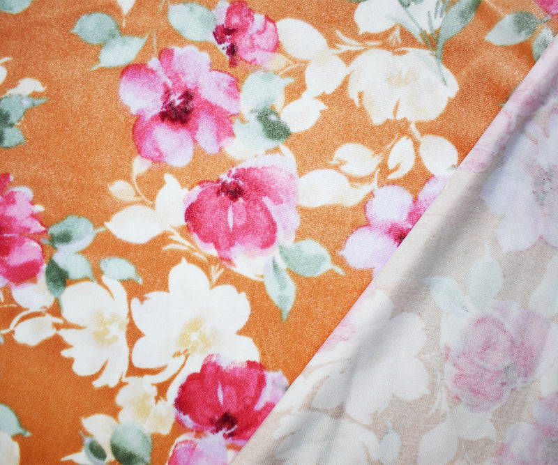 Orange-Pink-Multi Poly Stretch Spandex Floral Velvet Knit Fabric
