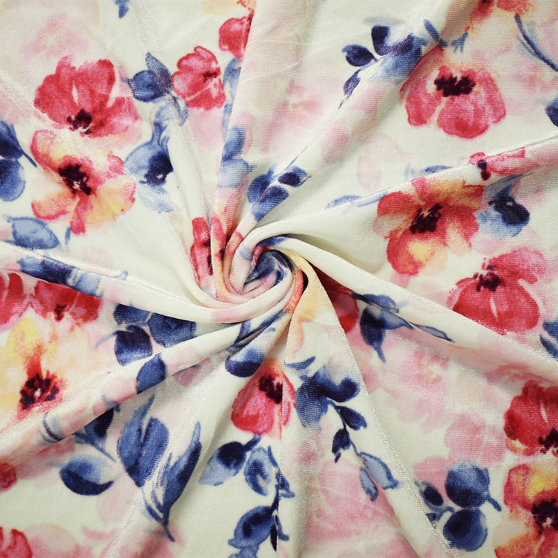 Ivory-Multi Poly Stretch Spandex Floral Print Velvet Knit Fabric